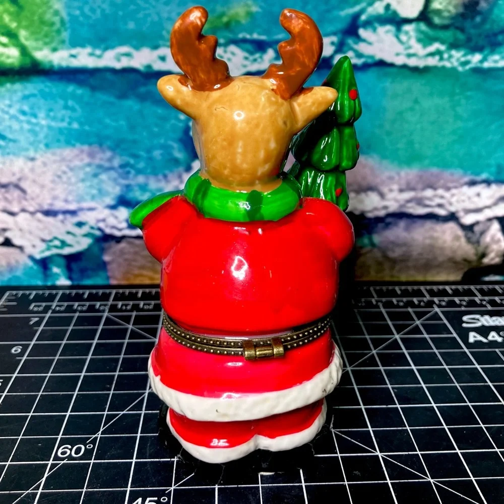 LARGE Vintage Santa Reindeer Limoges Style Hinged Trinket Box